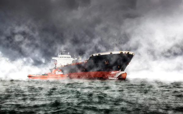 A large tanker ship moves through fog over the ocean, captured in striking 4K Ultra HD detail as a dramatic PC desktop wallpaper background.