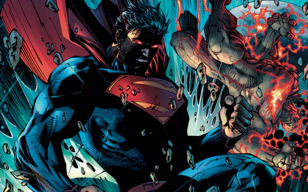 HD wallpaper of a dynamic comic scene featuring Superman in action, showcasing his iconic suit with the emblematic 'S' and red cape against a vivid background.