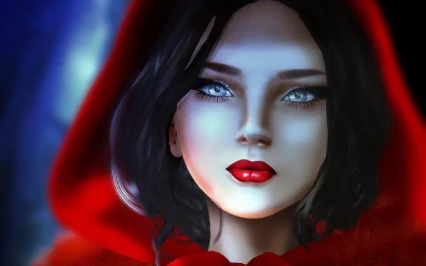 HD fantasy desktop wallpaper of a woman with striking blue eyes, red lipstick, and a red hood reminiscent of Red Riding Hood.