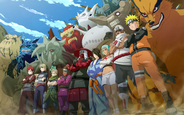 HD desktop wallpaper featuring Kyūbi, Killer Bee, Gaara, and Naruto Uzumaki from Naruto anime, standing together with vivid colors and dynamic poses against a sky backdrop.