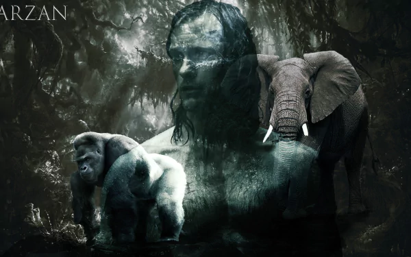 HD PC desktop wallpaper: brooding Tarzan in a misty jungle, flanked by a silverback gorilla and an elephant, evoking the mood of The Legend of Tarzan movie.