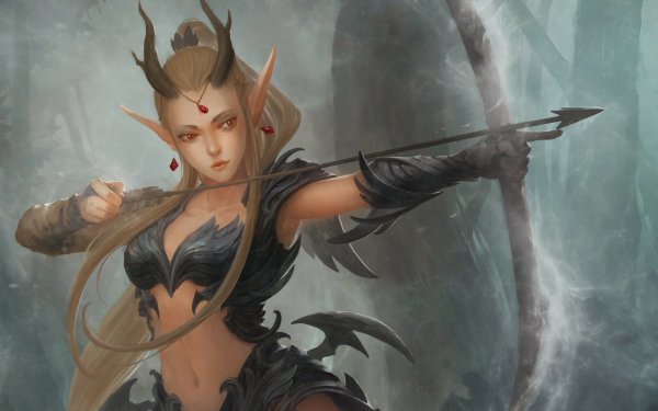 Fantasy Archer Woman Warrior Elf Pointed Ears Bow Blonde Long Hair Orange Eyes HD Wallpaper | Background Image