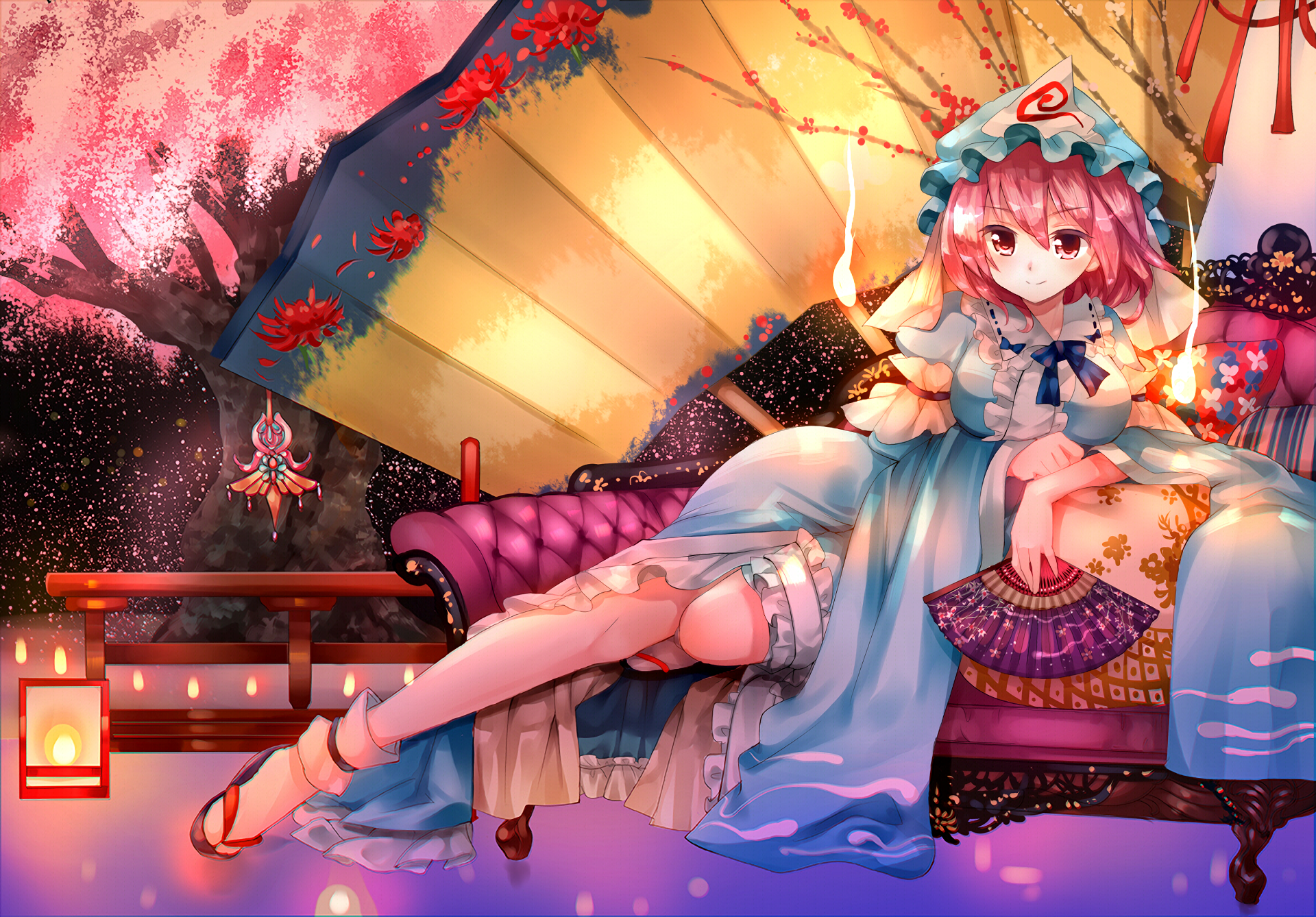 HD PC desktop wallpaper featuring Yuyuko Saigyouji from Touhou, showcasing vibrant colors and a detailed anime art style with cherry blossoms and lanterns.