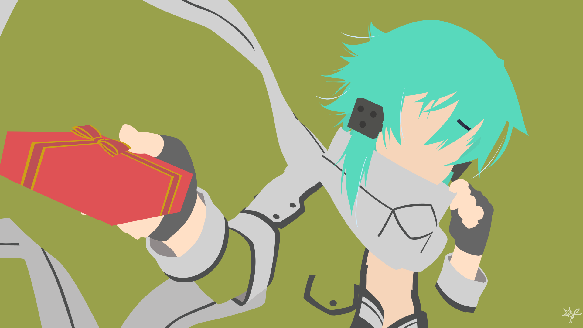 Minimalist 4K Ultra HD anime wallpaper featuring Shino Asada from Sword Art Online II with teal hair and a gray outfit against an olive green background.