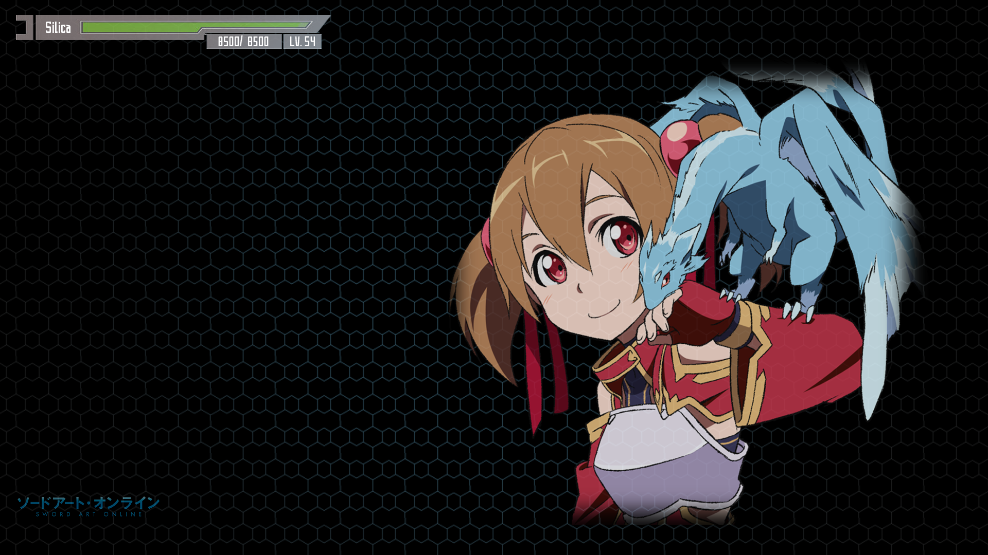 HD PC wallpaper: Silica (Keiko Ayano) from Sword Art Online smiling with her blue dragon Pina perched on her arm against a dark hex-pattern background.