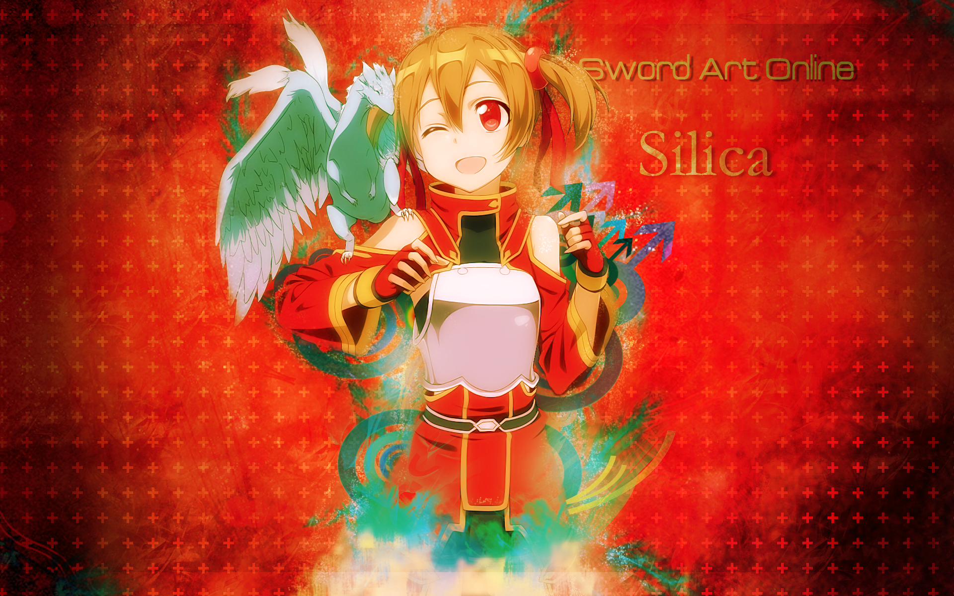 HD PC desktop wallpaper featuring Silica (Keiko Ayano) and Pina from the anime Sword Art Online against a vibrant red background with stylized text.