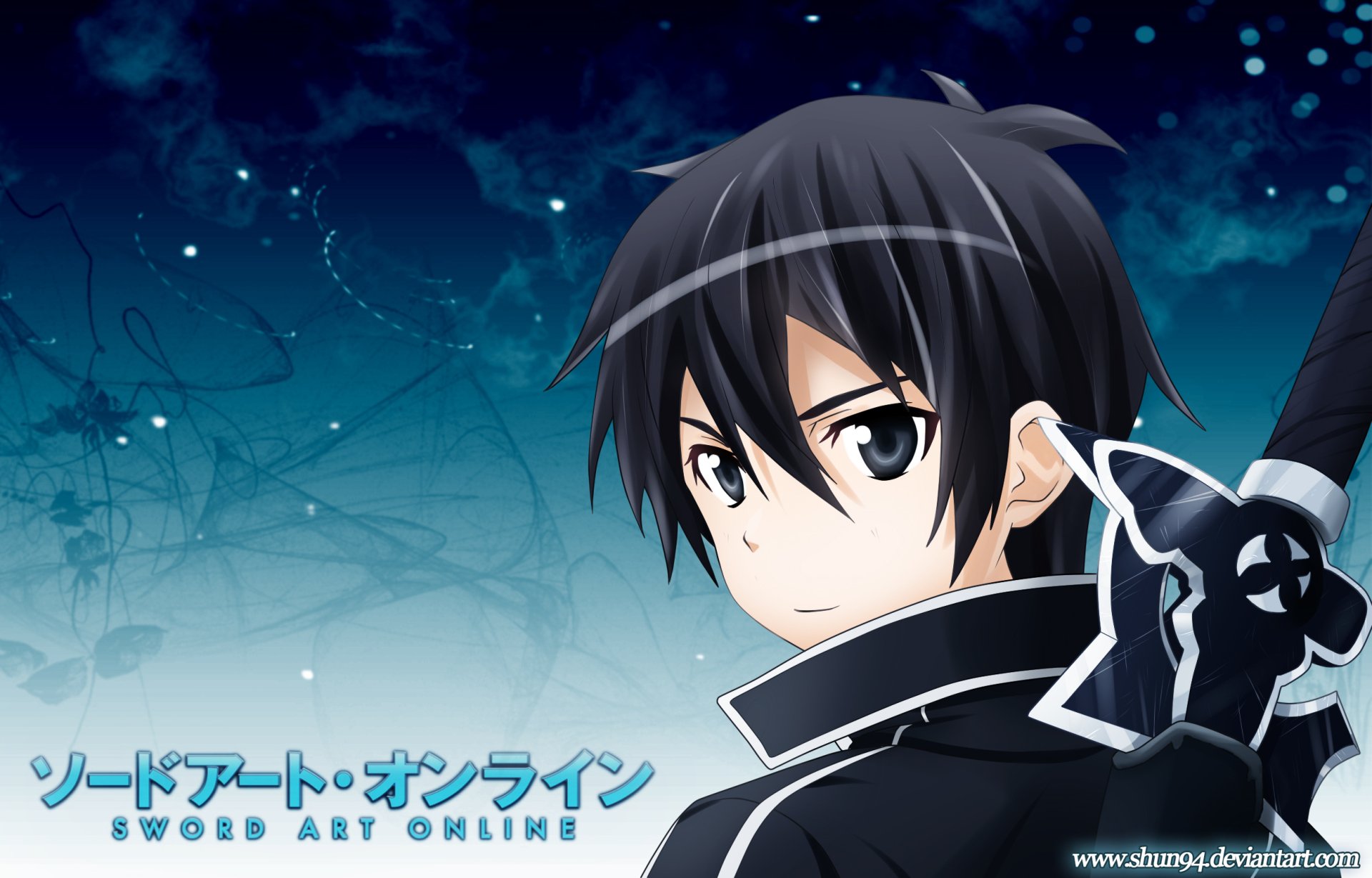 HD PC desktop wallpaper featuring Kirito (Kazuto Kirigaya) from the anime Sword Art Online against a blue, starry background.