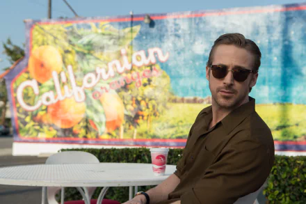 Ryan Gosling in a scene from the movie La La Land, sitting at an outdoor table with a colorful mural wall in the background. HD desktop wallpaper and background.