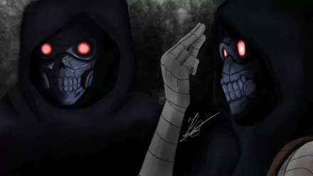 HD PC desktop wallpaper featuring Death Gun from Sword Art Online II, depicted in dark hooded attire with glowing red eyes, set against a smoky background.