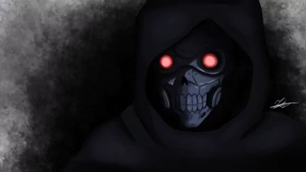 HD PC desktop wallpaper of Death Gun (Sword Art Online II): hooded, skull-like masked figure with glowing red eyes emerging from a smoky black background.