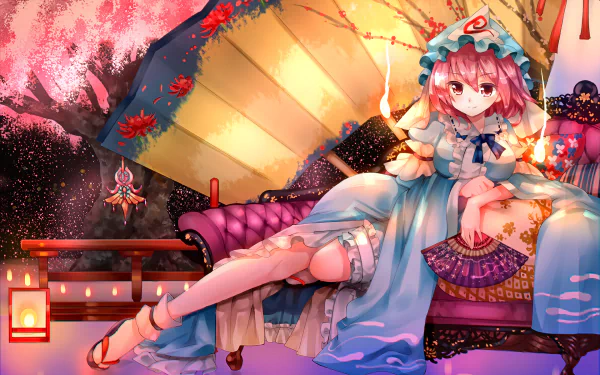 HD PC desktop wallpaper featuring Yuyuko Saigyouji from Touhou, showcasing vibrant colors and a detailed anime art style with cherry blossoms and lanterns.