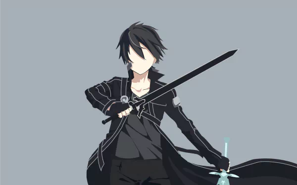 Minimalist HD desktop wallpaper featuring Kazuto Kirigaya, also known as Kirito from the anime Sword Art Online, holding two swords against a plain background.