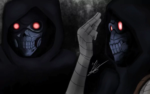 HD PC desktop wallpaper featuring Death Gun from Sword Art Online II, depicted in dark hooded attire with glowing red eyes, set against a smoky background.