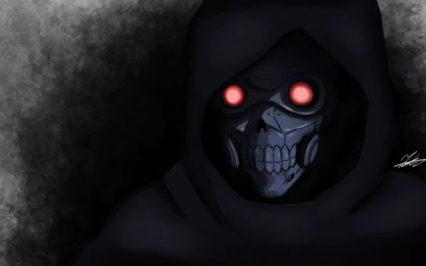 HD PC desktop wallpaper of Death Gun (Sword Art Online II): hooded, skull-like masked figure with glowing red eyes emerging from a smoky black background.