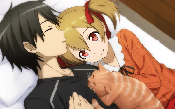 Kirito (Kazuto Kirigaya) and Silica (Keiko Ayano) from Sword Art Online relax together with a playful orange cat in this HD anime desktop wallpaper.