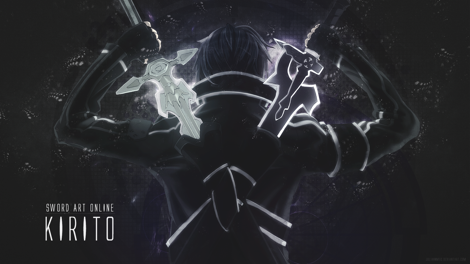 HD desktop wallpaper showing Kirito from Sword Art Online. The character, Kazuto Kirigaya, is depicted with his back turned, holding twin swords. The image is dark with a glowing outline around the swords.