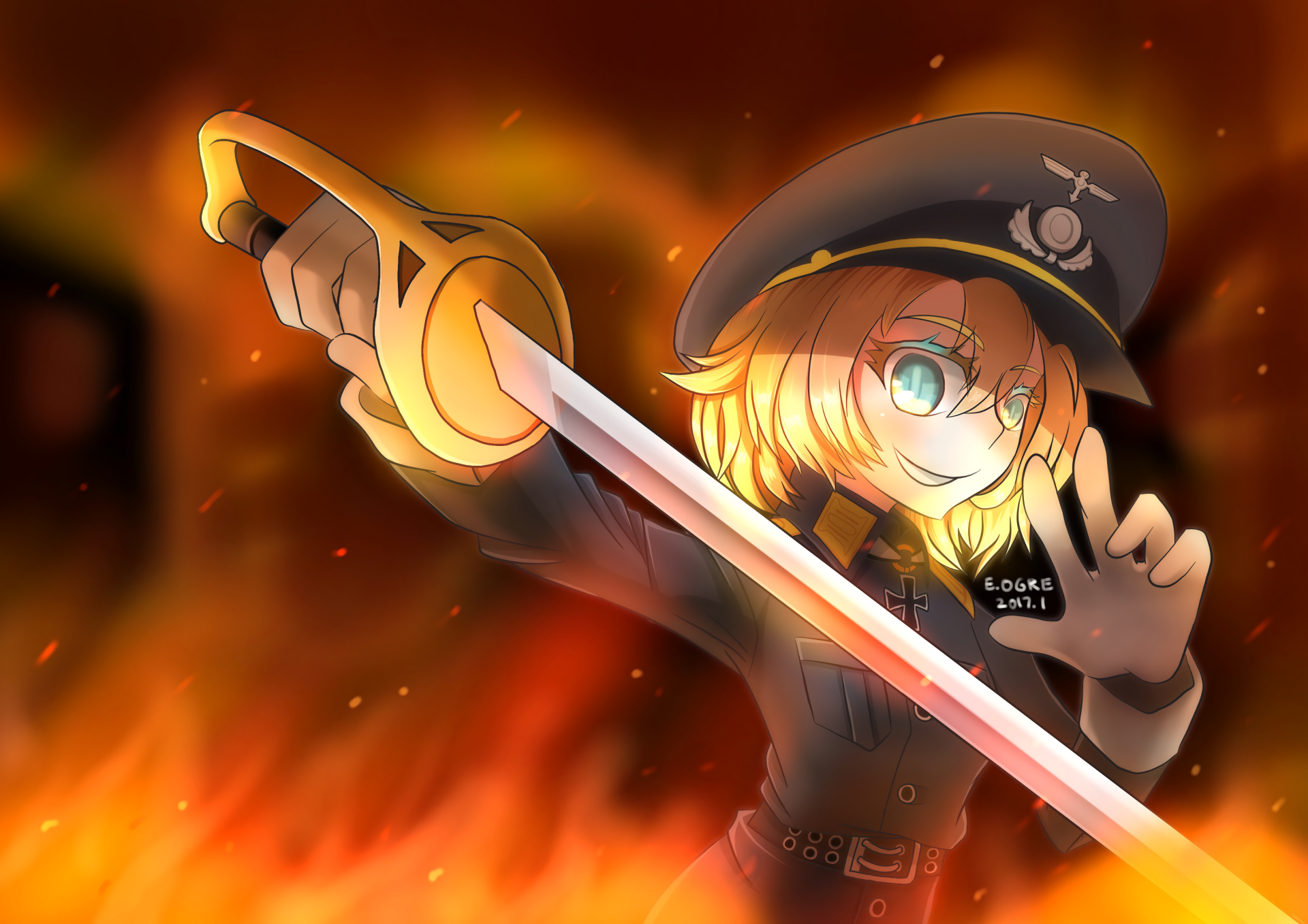 HD anime desktop wallpaper featuring Tanya Degurechaff from The Saga of Tanya the Evil wielding a glowing sword against a fiery background.