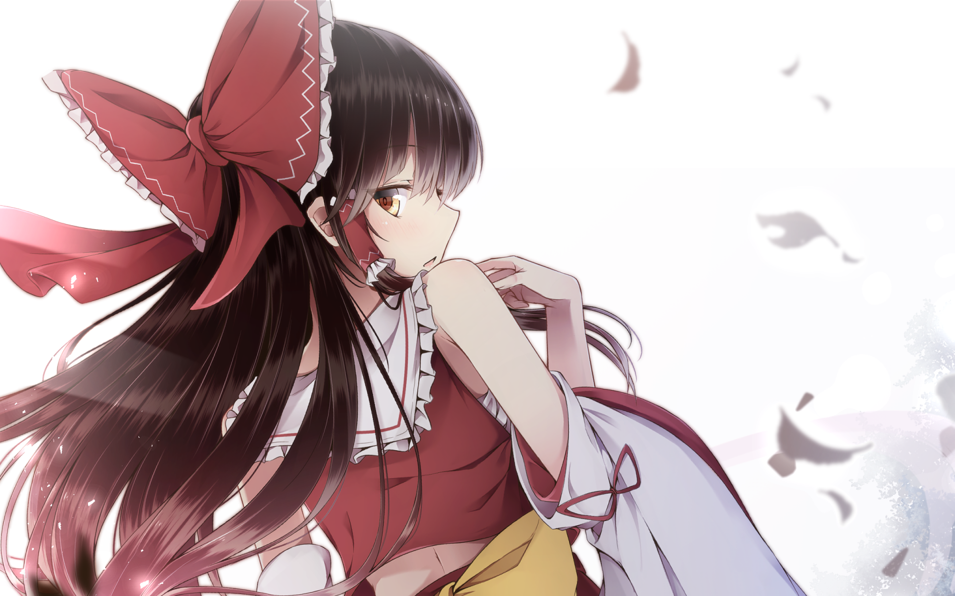 HD anime desktop wallpaper featuring Reimu Hakurei from Touhou, depicted with flowing dark hair, a large red bow, and traditional shrine maiden attire against a soft, airy background.