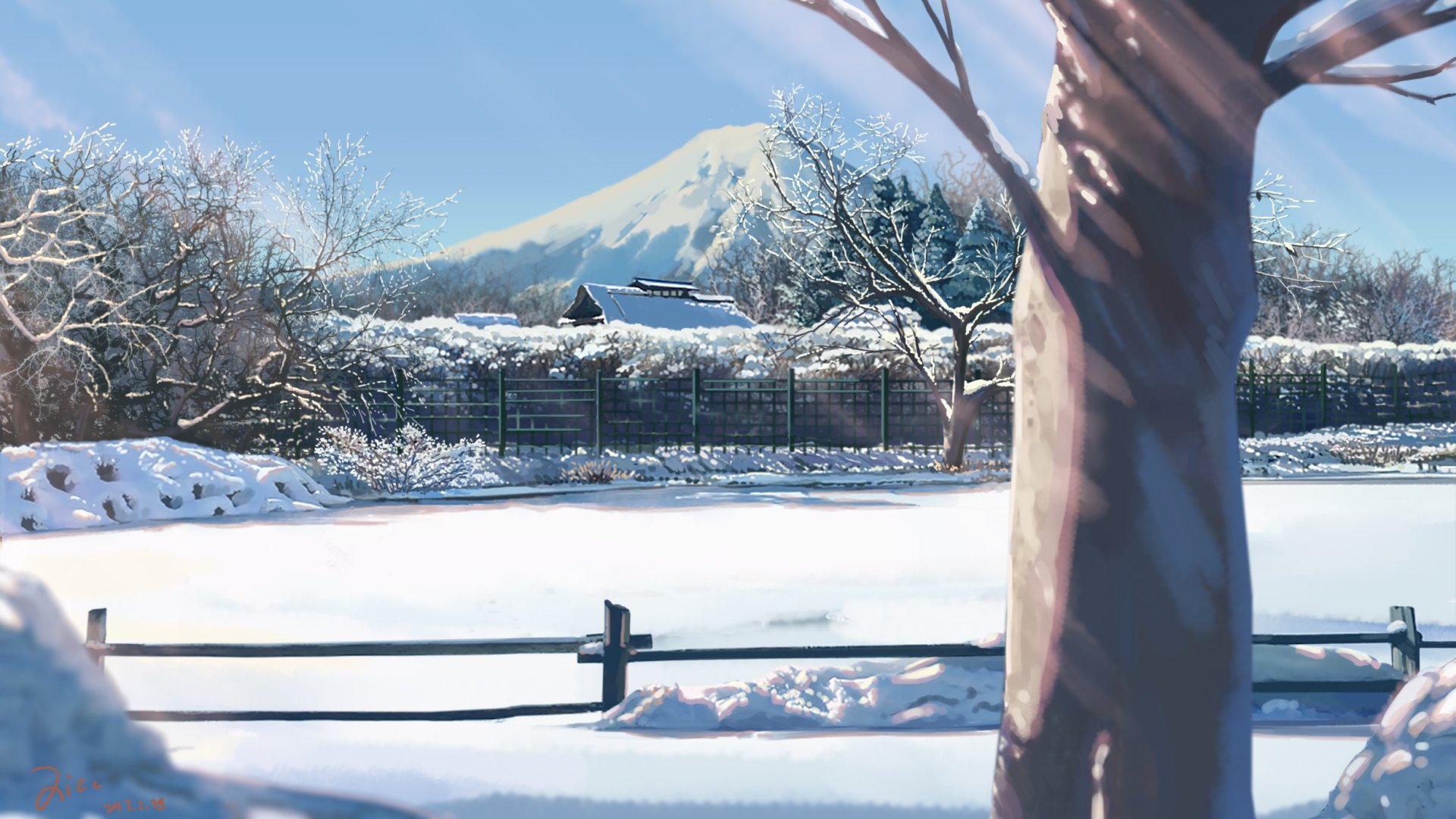 Anime-style winter landscape featuring snow-covered fields, bare trees, and a distant mountain under a clear blue sky, captured in HD for a PC desktop wallpaper.