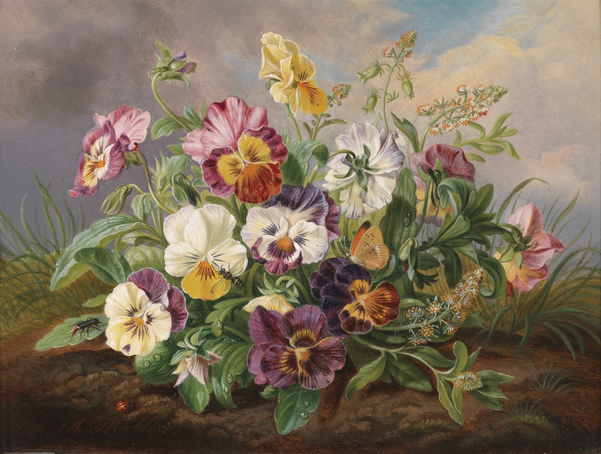 Colorful artistic painting of flowers (pansies) and foliage in rich hues, rendered as a 4K Ultra HD PC desktop wallpaper and background.