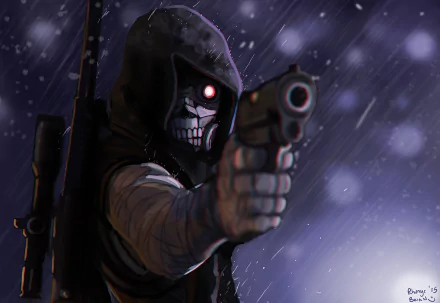 HD desktop wallpaper featuring Death Gun from Sword Art Online II. The image showcases the character in a dark, rainy setting, pointing a gun towards the viewer.