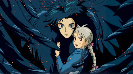 HD anime desktop wallpaper featuring Howl and Sophie from Howl's Moving Castle surrounded by dark, flowing feathers and glowing embers.