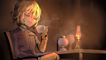 HD desktop wallpaper featuring Tanya Degurechaff from the anime Youjo Senki, enjoying a cup of tea in a dimly lit room with warm lighting.