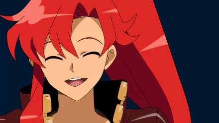 HD PC wallpaper of Yoko Littner from Tengen Toppa Gurren Lagann: anime close-up of her smiling with eyes closed, long red hair against a deep blue background.