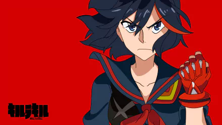HD anime desktop wallpaper featuring Ryūko Matoi from Kill La Kill with a bold red background and intense expression.