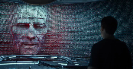 HD desktop wallpaper featuring Bryan Cranston as Zordon in the Power Rangers (2017) movie, with Zordon’s face projected in a high-tech room.
