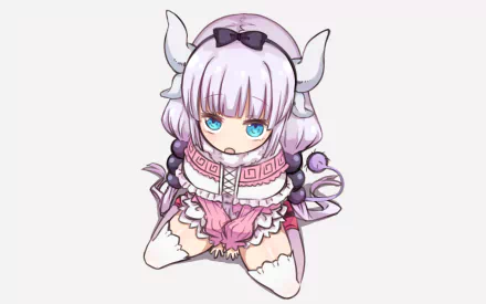 HD desktop wallpaper featuring Kanna Kamui from the anime Miss Kobayashi's Dragon Maid. She is portrayed in a cute outfit with her signature horns and pastel-colored hair against a simple white background.