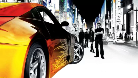 HD PC desktop wallpaper featuring a street scene from The Fast and the Furious: Tokyo Drift with a stylized car in the foreground and characters in the background.