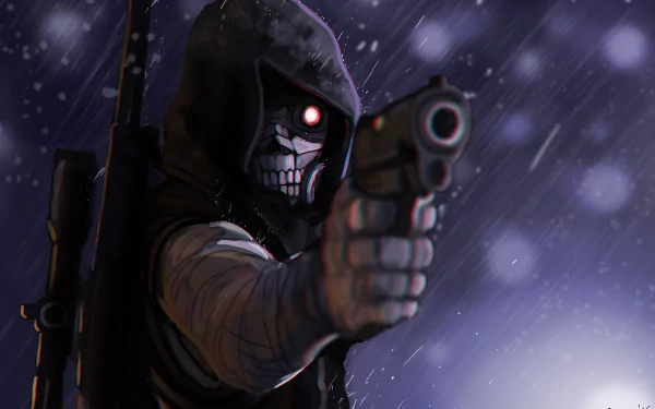 HD desktop wallpaper featuring Death Gun from Sword Art Online II. The image showcases the character in a dark, rainy setting, pointing a gun towards the viewer.