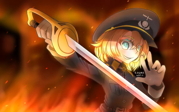 HD anime desktop wallpaper featuring Tanya Degurechaff from The Saga of Tanya the Evil wielding a glowing sword against a fiery background.