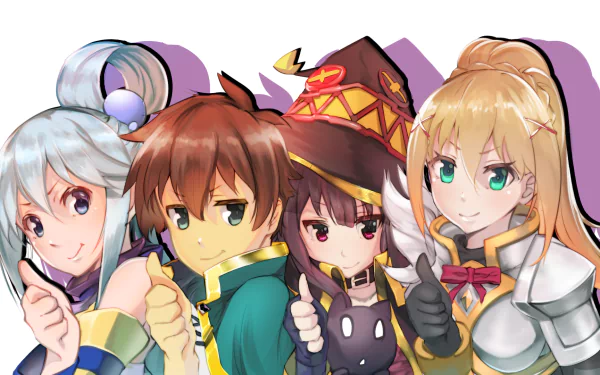 HD desktop wallpaper from the anime KonoSuba - God’s Blessing on this Wonderful World!! featuring main characters Aqua, Kazuma, Megumin, and Darkness.