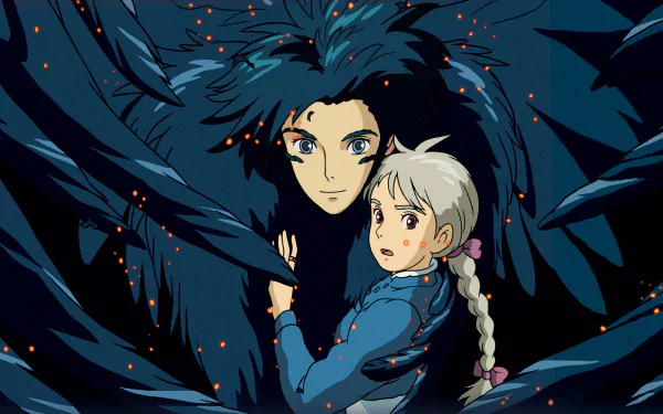 HD anime desktop wallpaper featuring Howl and Sophie from Howl's Moving Castle surrounded by dark, flowing feathers and glowing embers.