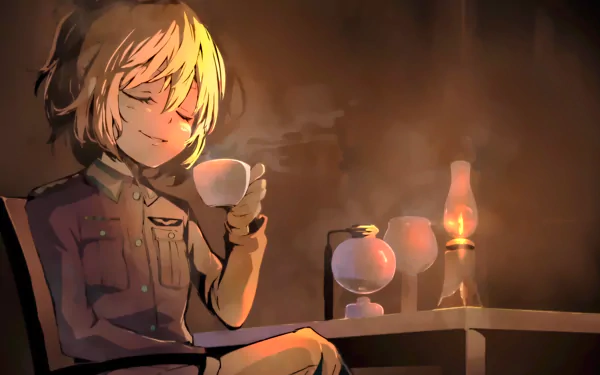 HD desktop wallpaper featuring Tanya Degurechaff from the anime Youjo Senki, enjoying a cup of tea in a dimly lit room with warm lighting.