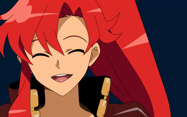 HD PC wallpaper of Yoko Littner from Tengen Toppa Gurren Lagann: anime close-up of her smiling with eyes closed, long red hair against a deep blue background.
