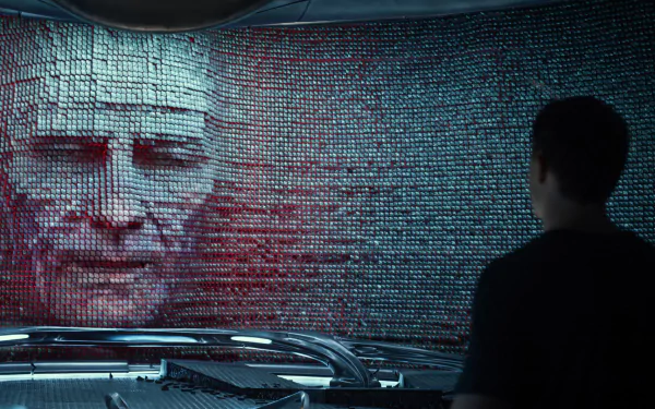 HD desktop wallpaper featuring Bryan Cranston as Zordon in the Power Rangers (2017) movie, with Zordon’s face projected in a high-tech room.