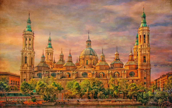 HD desktop wallpaper showcasing the Cathedral-Basilica of Our Lady of the Pillar in Spain, featuring its iconic domes and religious architecture under a dramatic sky.