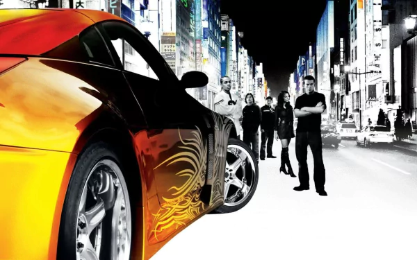 HD PC desktop wallpaper featuring a street scene from The Fast and the Furious: Tokyo Drift with a stylized car in the foreground and characters in the background.