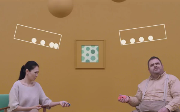 HD desktop wallpaper featuring two people playing 1-2-Switch, with a stylized yellow background and floating white icons.