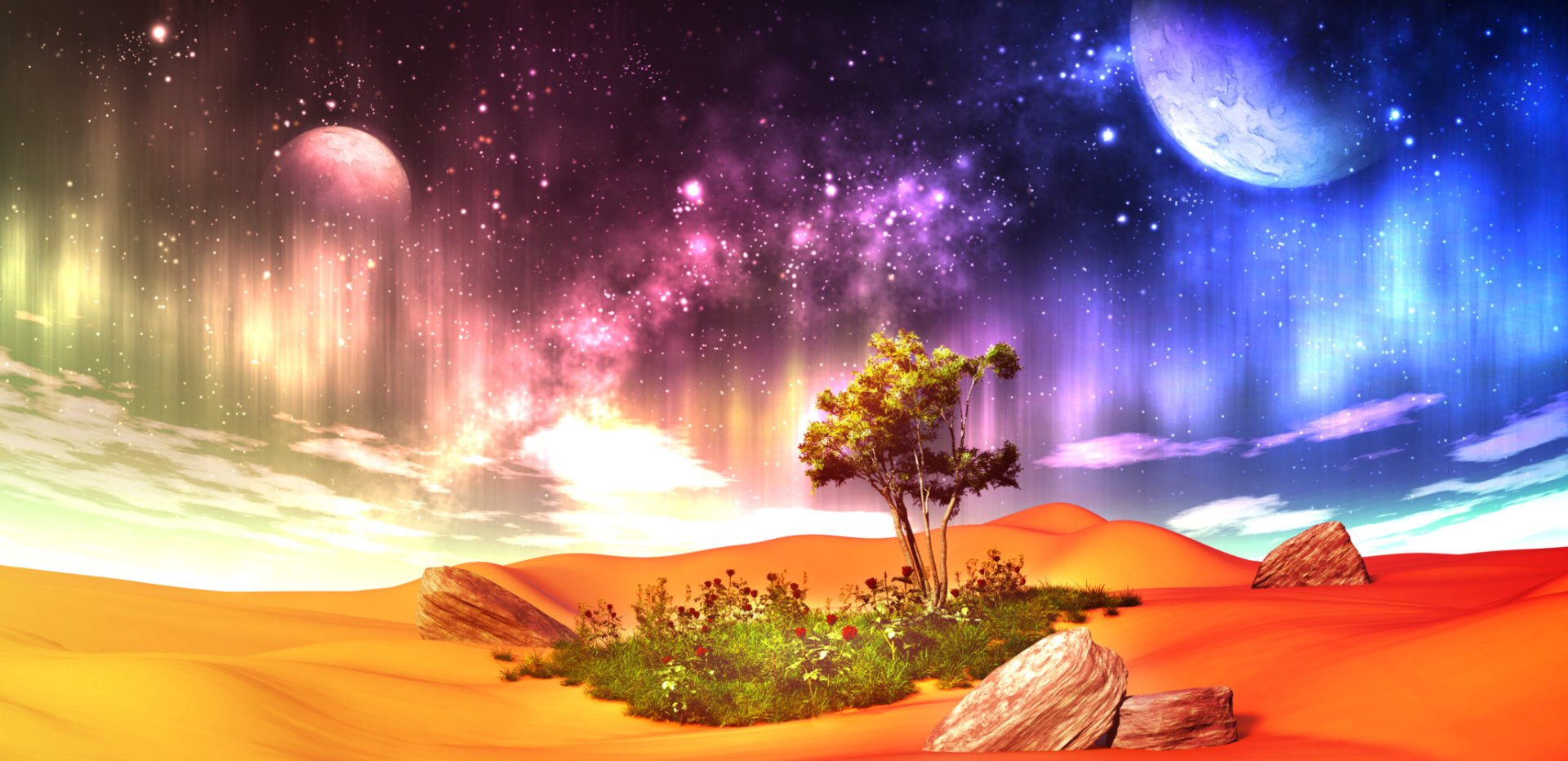 Vibrant 3D anime-style HD desktop wallpaper featuring a colorful desert oasis with a tree under a starry sky, aurora borealis, and distant planets in a fantasy CGI landscape.