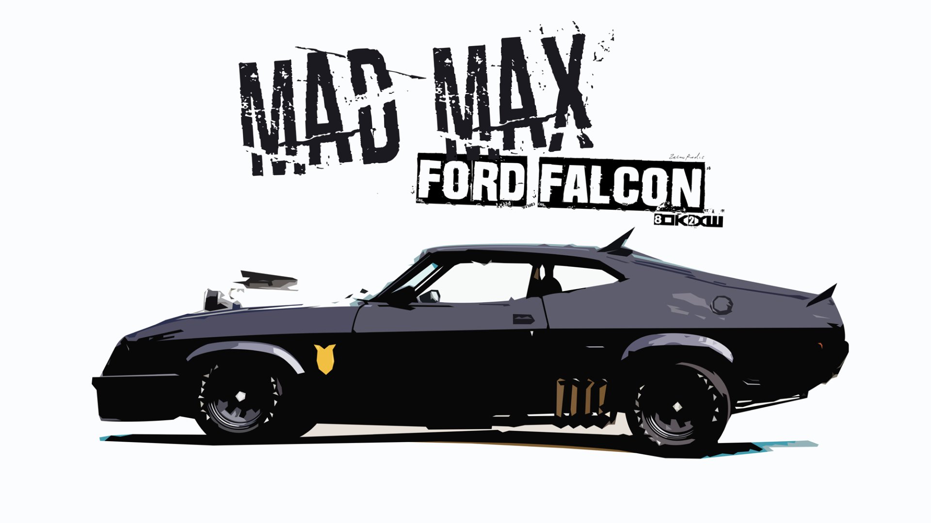 HD desktop wallpaper featuring the iconic Ford Falcon from the movie 'Mad Max', showcasing the sleek, powerful design of the vehicle. The text Mad Max and Ford Falcon is prominently displayed above the car.