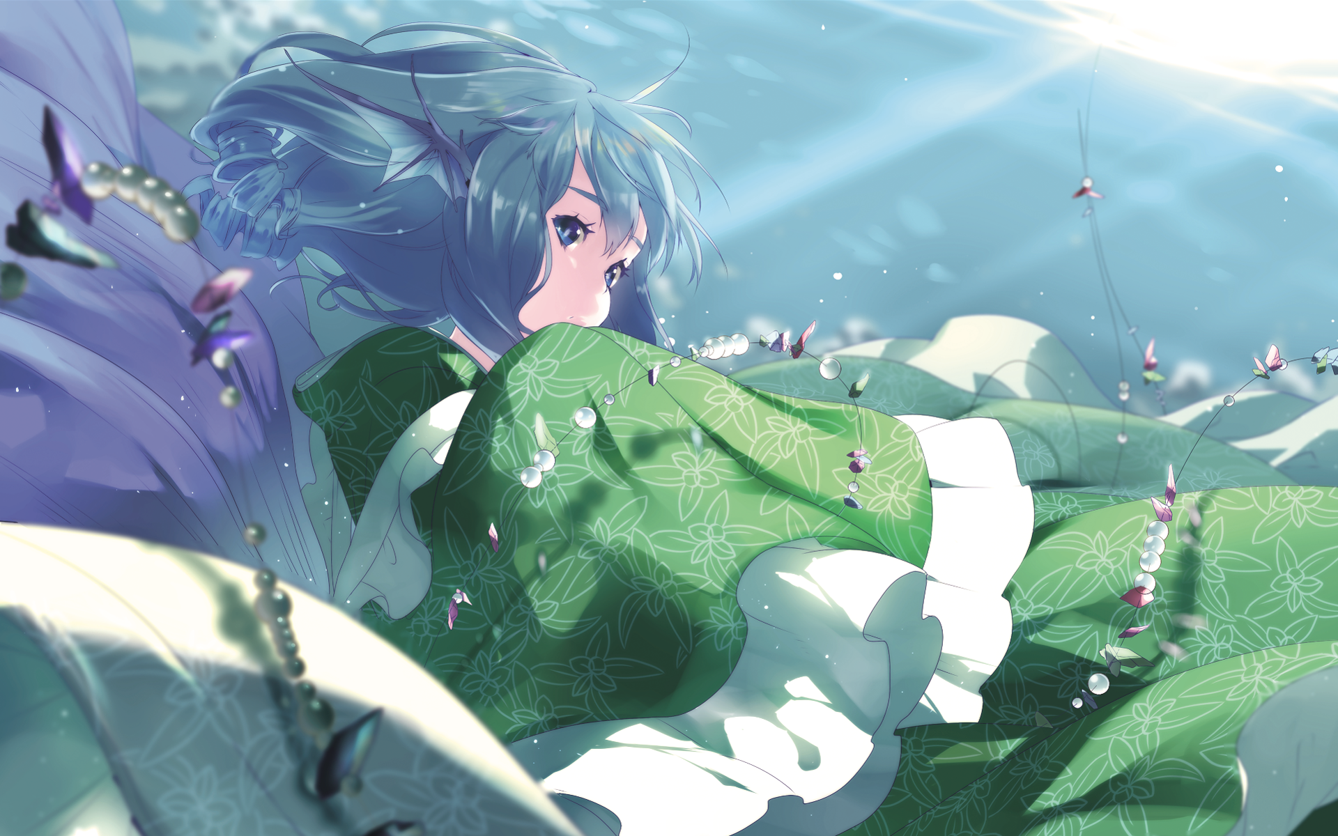HD anime desktop wallpaper featuring Wakasagihime from Touhou, depicted underwater with flowing hair and a green traditional outfit in a serene, light-filled scene.