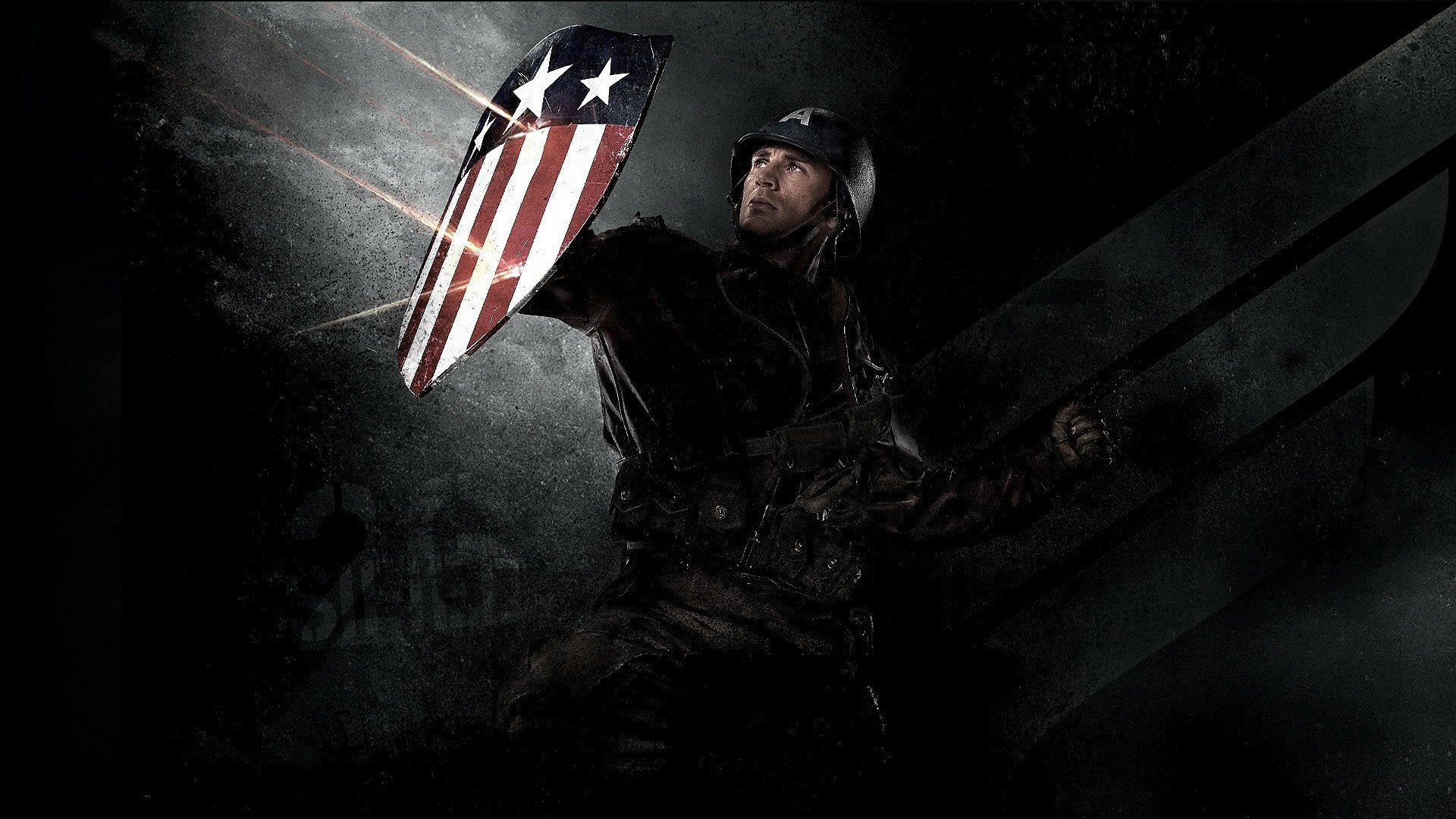 HD PC desktop wallpaper featuring Captain America from the movie Captain America: The First Avenger, showcasing him with his iconic shield in a dark, dramatic setting.