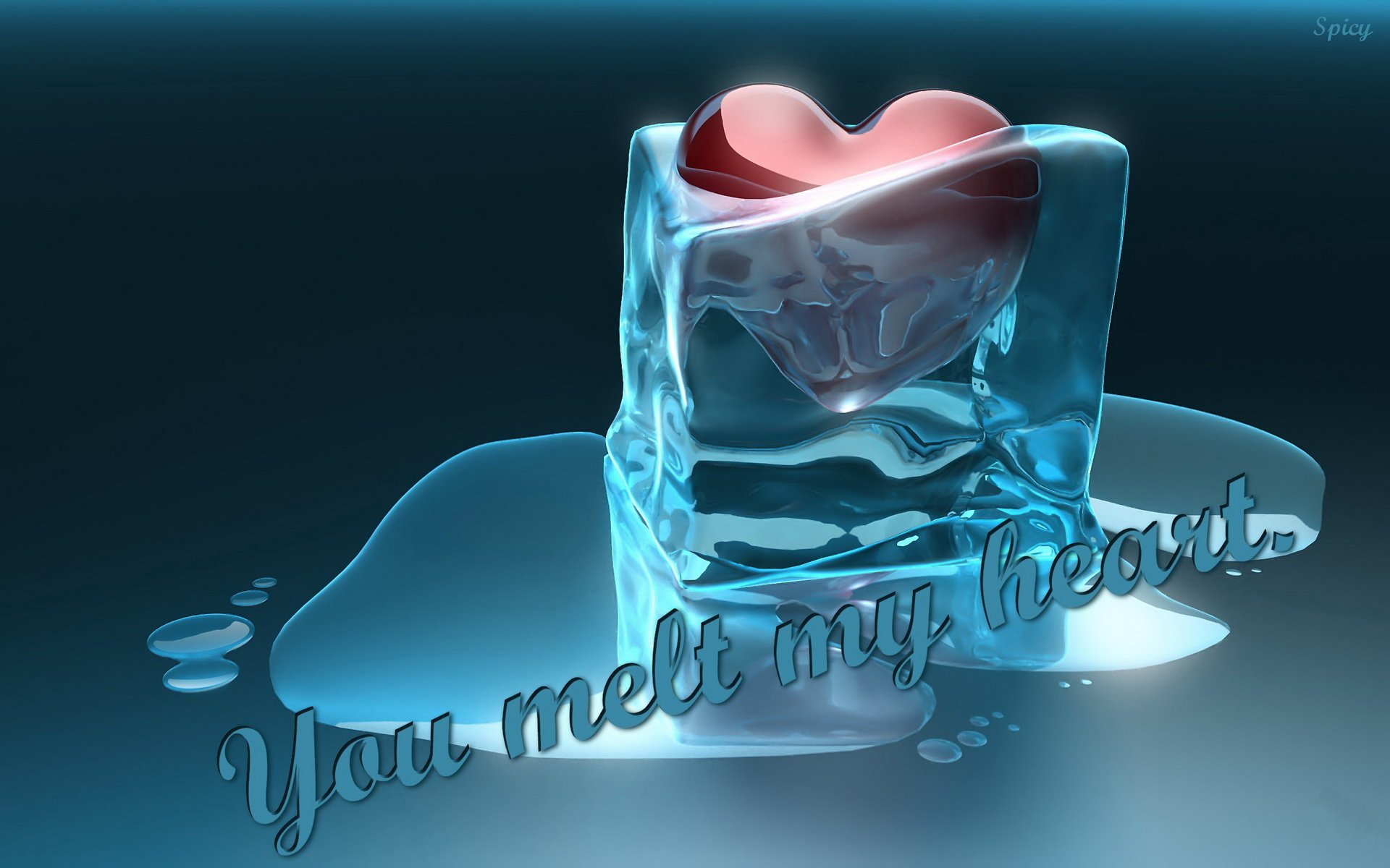 HD desktop wallpaper featuring a red heart melting inside a clear ice cube with the text You melt my heart, themed for Valentine's Day and holiday love.