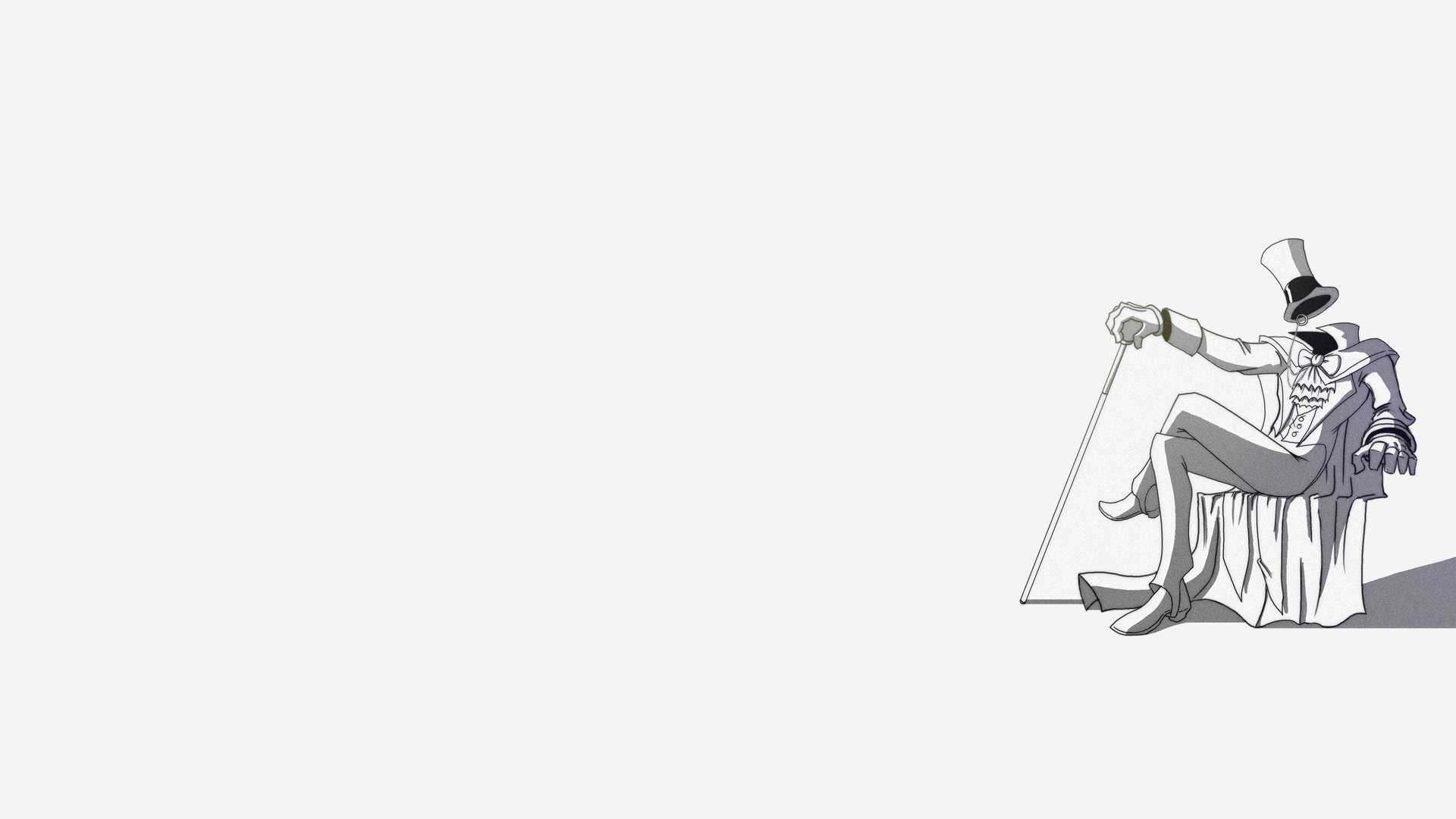 Minimal HD PC desktop wallpaper background featuring DC Comics' Gentleman Ghost: comic-style skeletal gentleman in top hat and cane, seated on a draped chair at right on a pale backdrop.