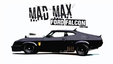 HD desktop wallpaper featuring the iconic Ford Falcon from the movie 'Mad Max', showcasing the sleek, powerful design of the vehicle. The text Mad Max and Ford Falcon is prominently displayed above the car.