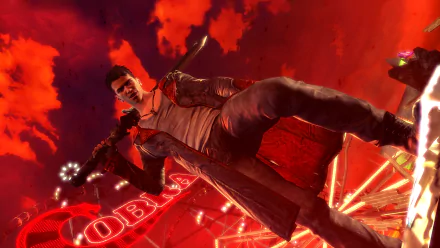Dante (Devil May Cry) from DmC: Devil May Cry stands under a red neon sky, coat and shotgun, dynamic video game 4K Ultra HD PC desktop wallpaper/background.